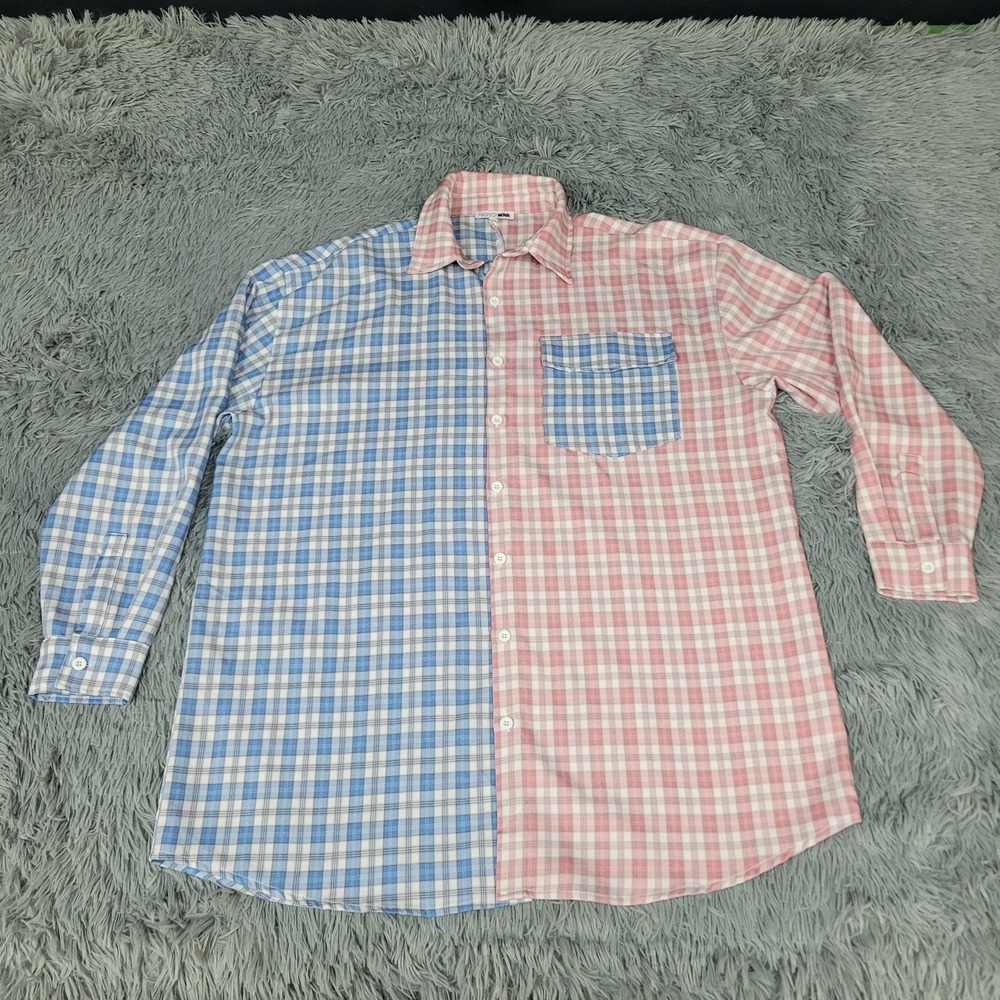 Fashionova‎ Shirt Womens Medium Blue Pink Check Plaid 2-Tone Long Sleeve Button